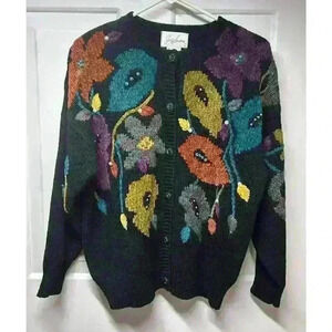 VTG 1980s GRANDMA CHIC BEADED CHUNKY KNIT SWEATER GRANNYCORE SIZE MED FLORAL